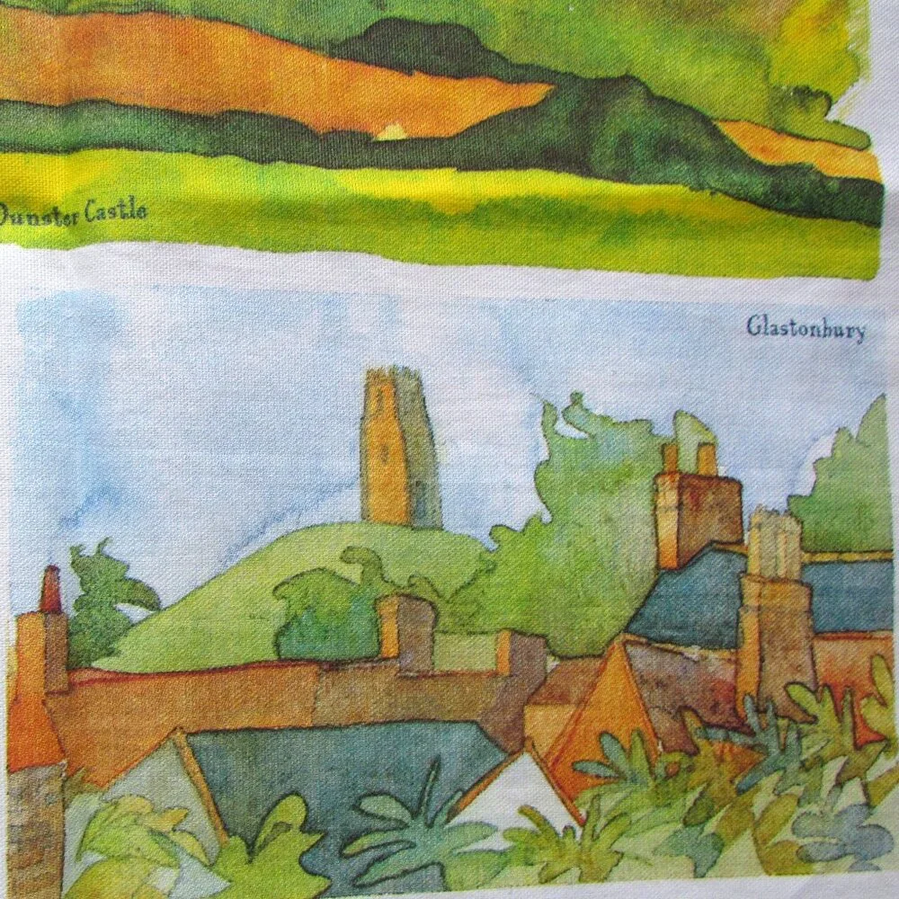 ENGLISH TEA TOWEL, SOMERSET SCENES in WATERCOLOR: BATH, DUNSTER CASTLE, WELLS ++